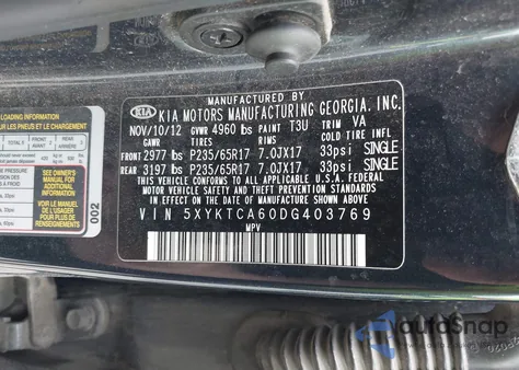 2013 Kia Sorento Lx из США, поврежденный, VIN 5XYKTCA60DG403769